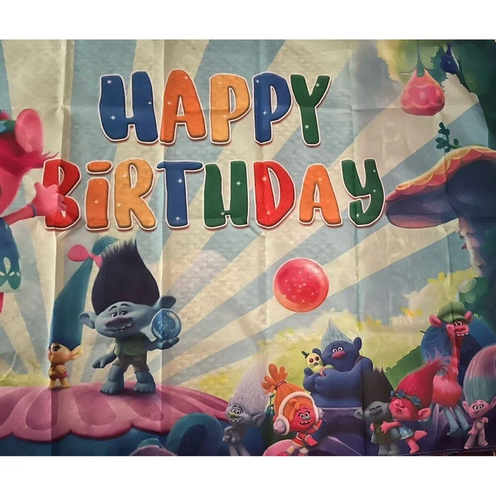 Trolls Birthday Backdrop Banner, Wall Decor 3x5FT